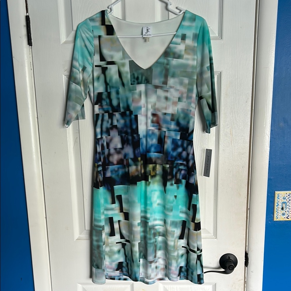 NWT Julia Jordan Blue and Black Sheath Midi Dress V-Neck 3/4 Sleeve